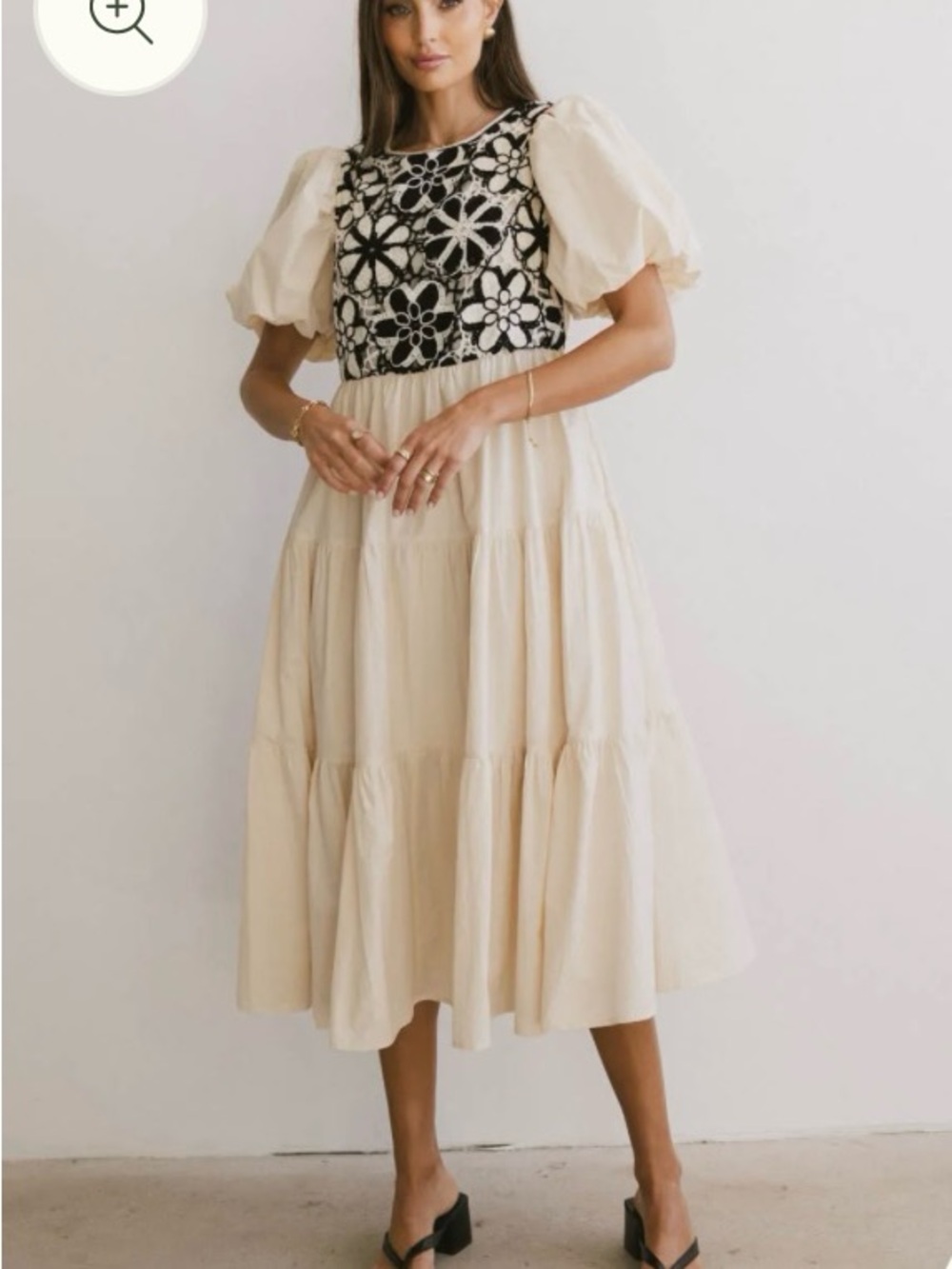 Cream Puff-Sleeve Midi Dress with Black Floral Bodice M